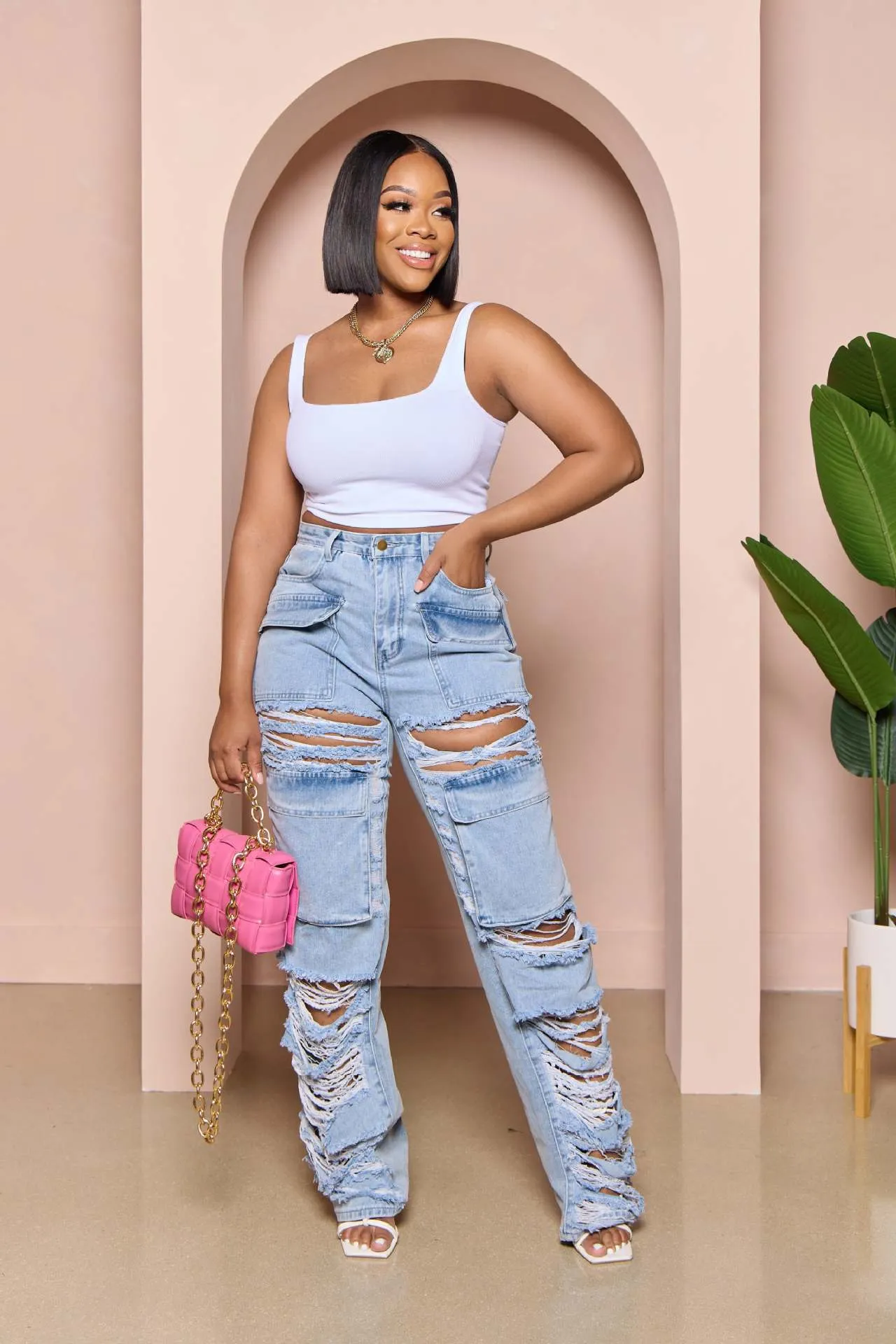 Multi Bag Ripped Jeans Women Tooling Ripped Washed Trousers Multi Bag Jeans