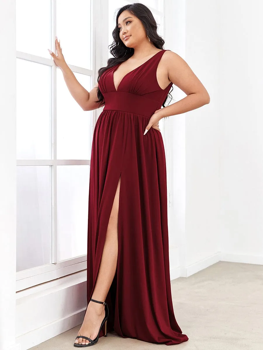 Plus Size Sleeveless V-Neck Empire Waist High Slit Floor-Length Evening Dress