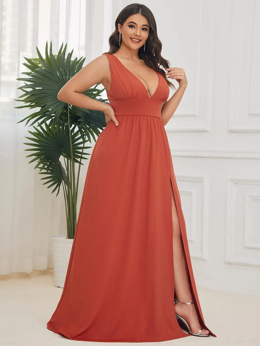 Plus Size Sleeveless V-Neck Empire Waist High Slit Floor-Length Evening Dress