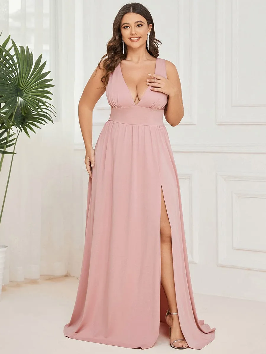 Plus Size Sleeveless V-Neck Empire Waist High Slit Floor-Length Evening Dress