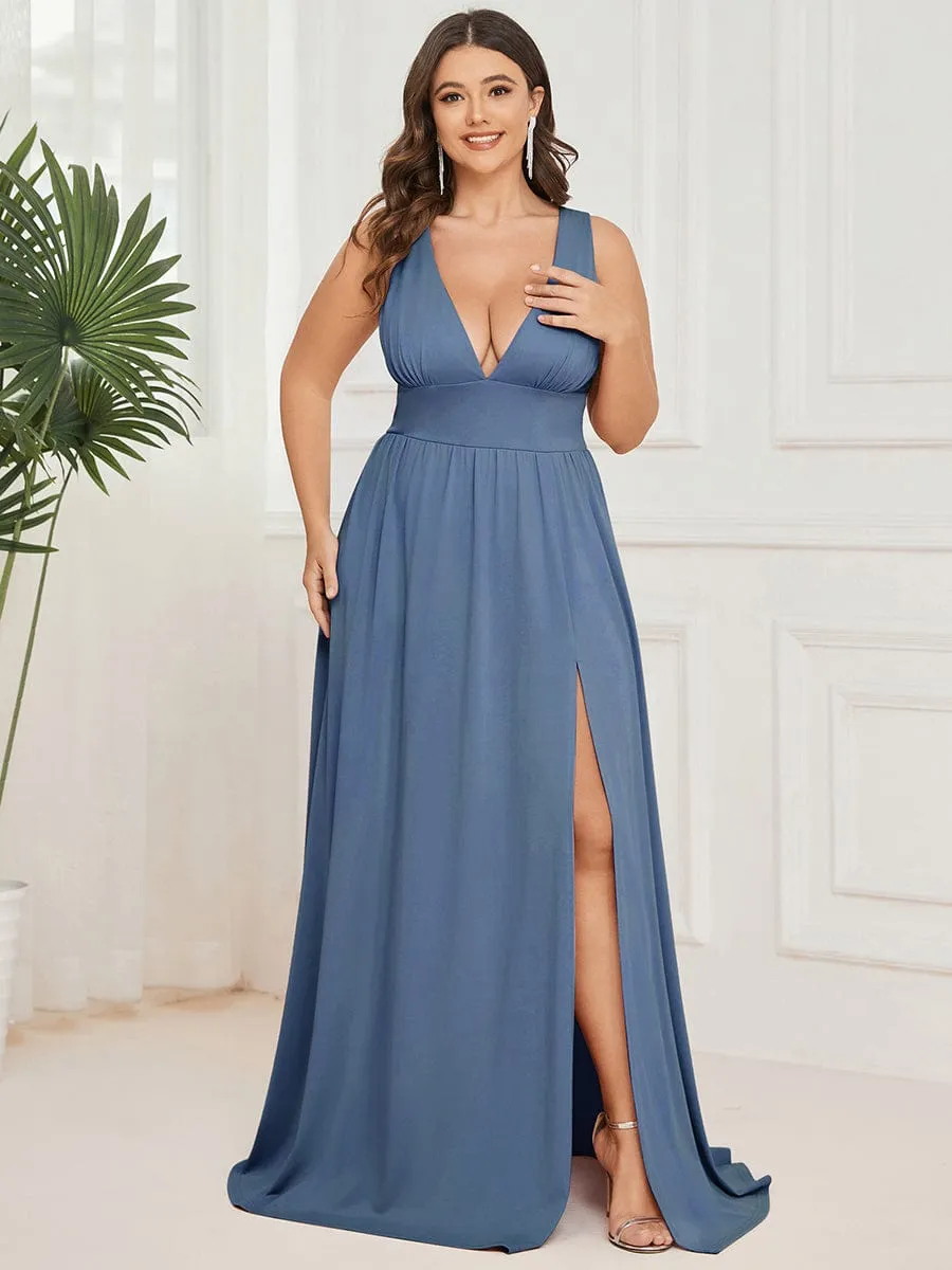Plus Size Sleeveless V-Neck Empire Waist High Slit Floor-Length Evening Dress