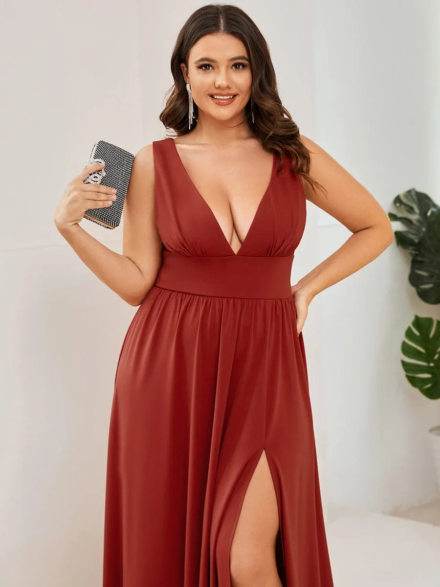 Plus Size Sleeveless V-Neck Empire Waist High Slit Floor-Length Evening Dress