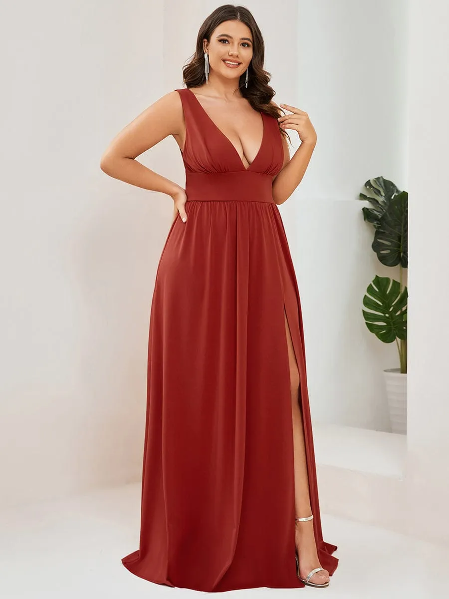 Plus Size Sleeveless V-Neck Empire Waist High Slit Floor-Length Evening Dress