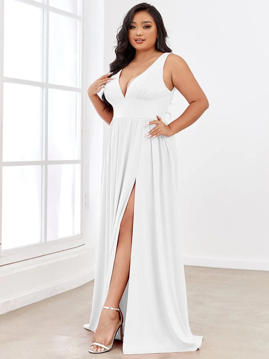 Plus Size Sleeveless V-Neck Empire Waist High Slit Floor-Length Evening Dress