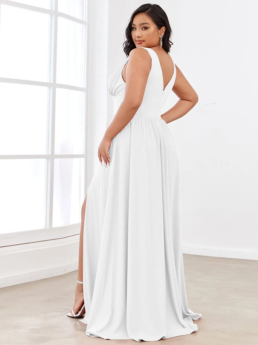 Plus Size Sleeveless V-Neck Empire Waist High Slit Floor-Length Evening Dress