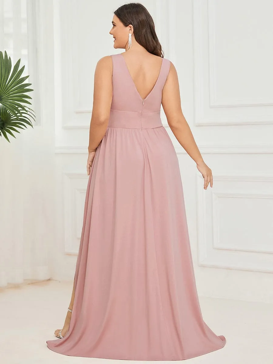 Plus Size Sleeveless V-Neck Empire Waist High Slit Floor-Length Evening Dress