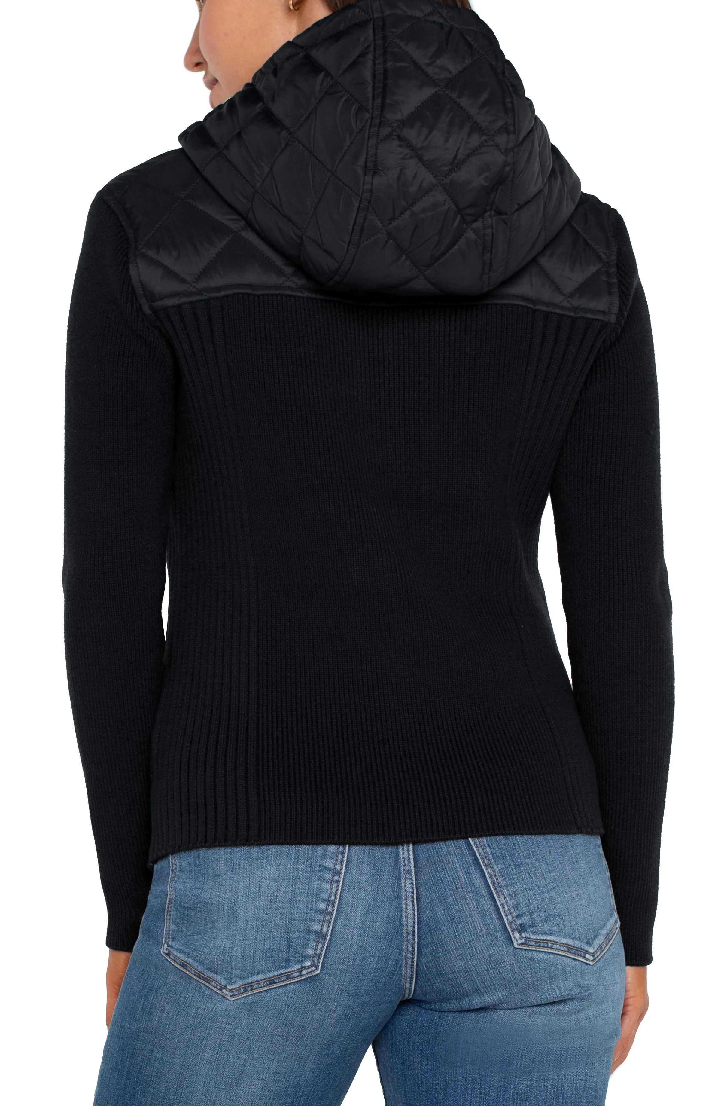 QUILTED FRONT FULL ZIP HOODED SWEATER