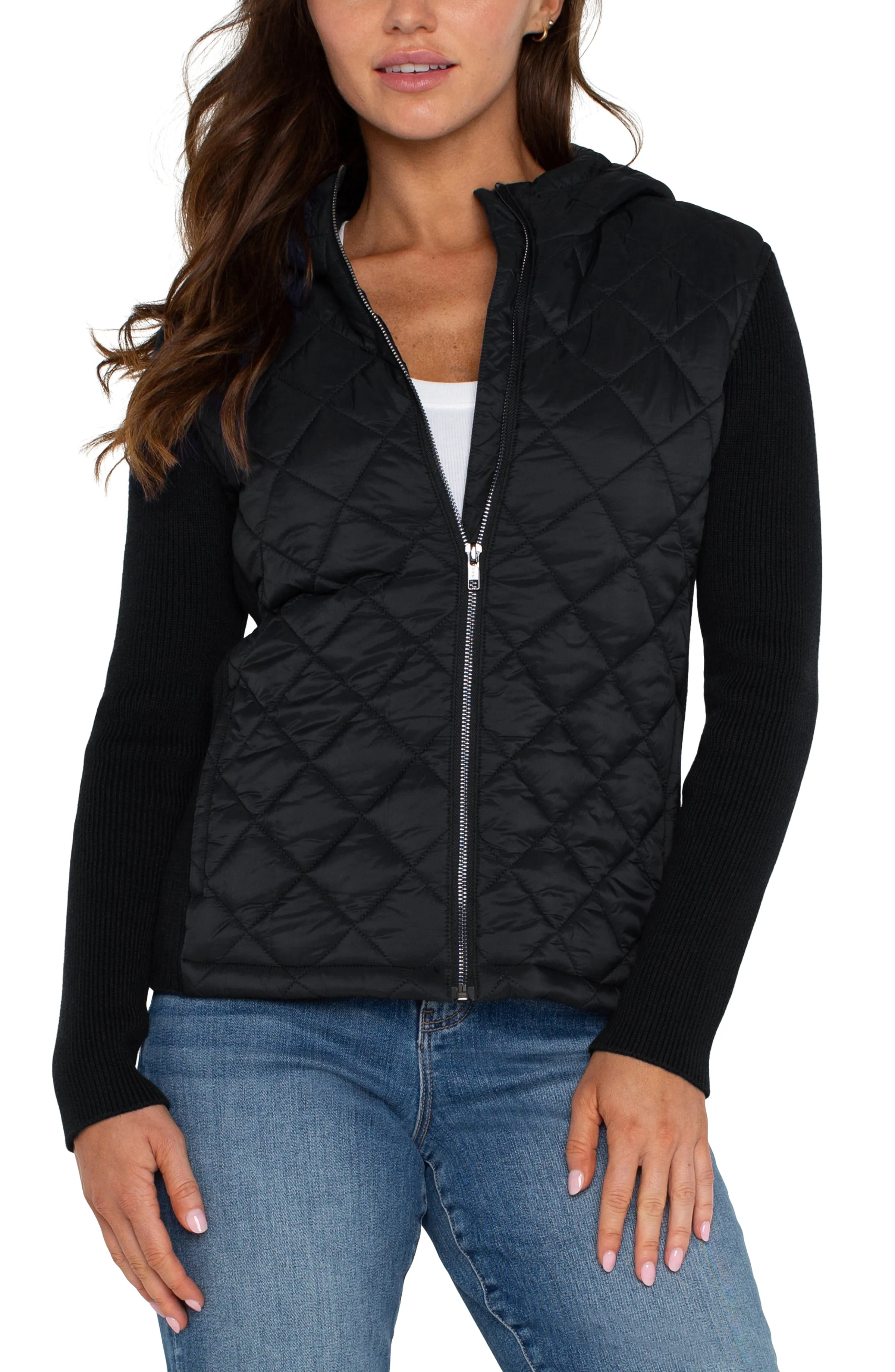 QUILTED FRONT FULL ZIP HOODED SWEATER