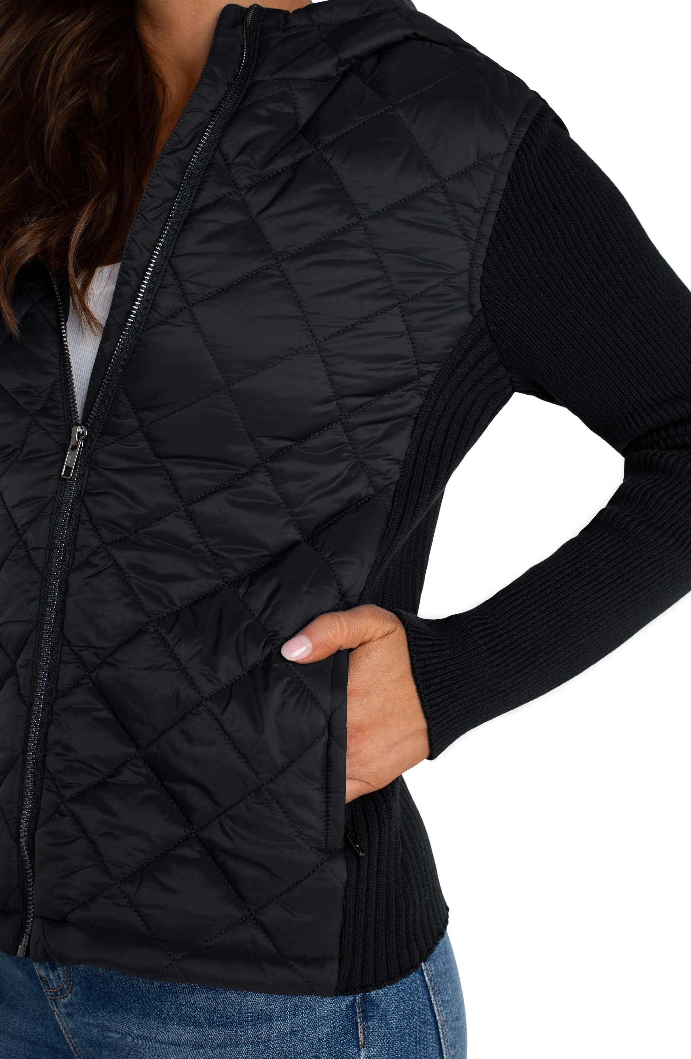 QUILTED FRONT FULL ZIP HOODED SWEATER