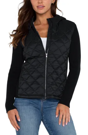 QUILTED FRONT FULL ZIP HOODED SWEATER