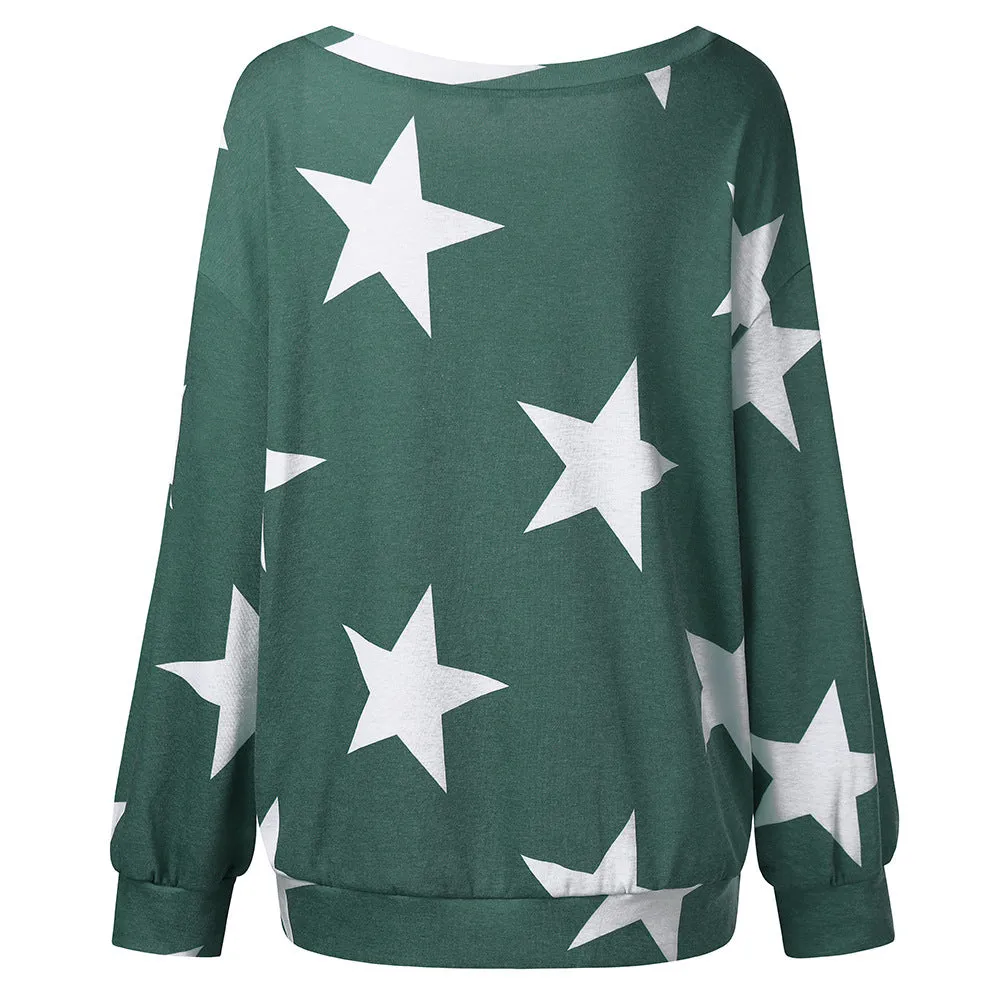 Slanted Shoulder T-Shirt Pentagram Print Round Neck Long Sleeve Loose Top