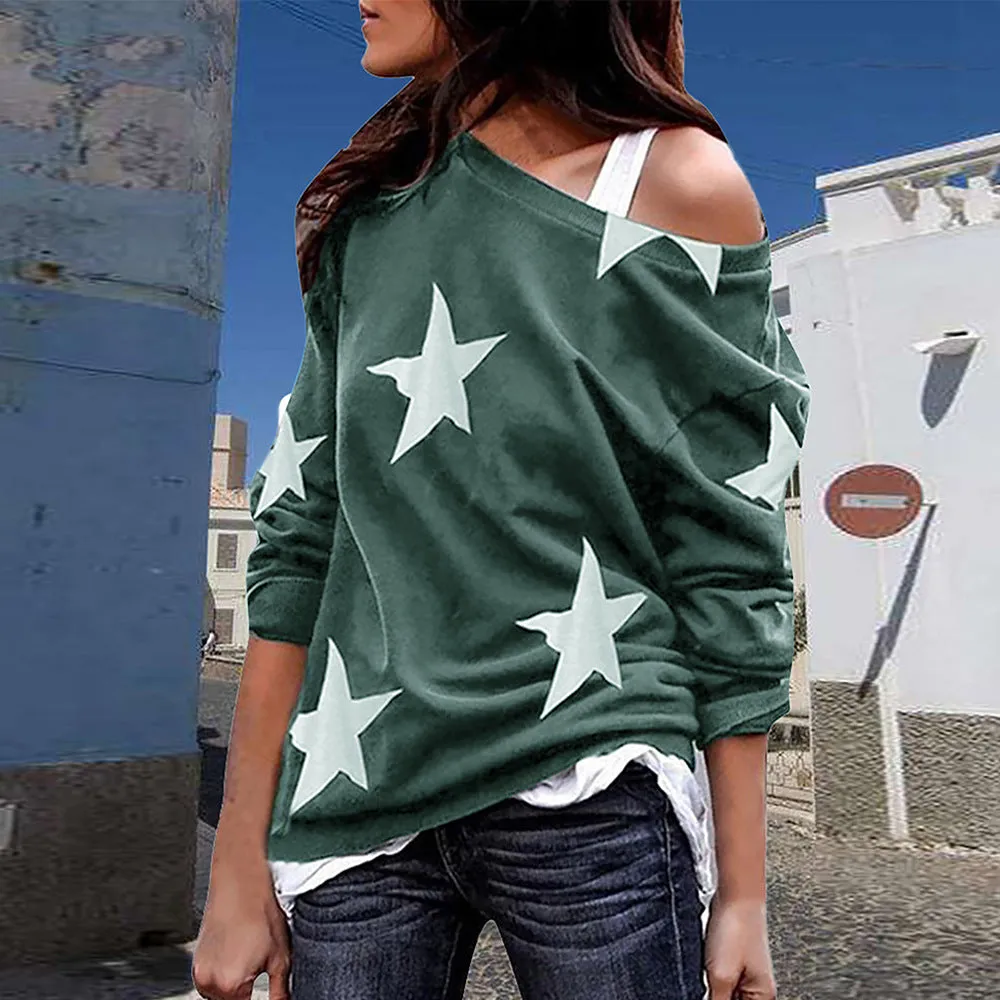 Slanted Shoulder T-Shirt Pentagram Print Round Neck Long Sleeve Loose Top