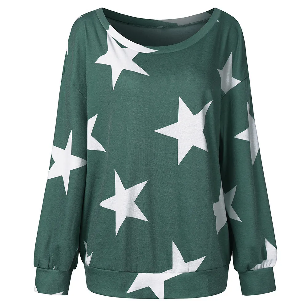 Slanted Shoulder T-Shirt Pentagram Print Round Neck Long Sleeve Loose Top