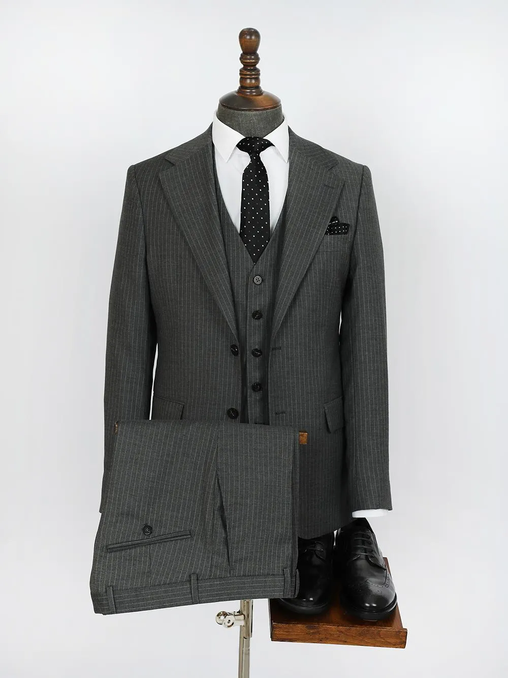 Stripe Charcoal Black Bespoke Men Suit Tailored