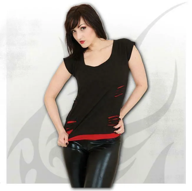 Urban Fashion 2 in 1 Red Ripped Womens Top