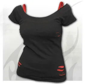 Urban Fashion 2 in 1 Red Ripped Womens Top